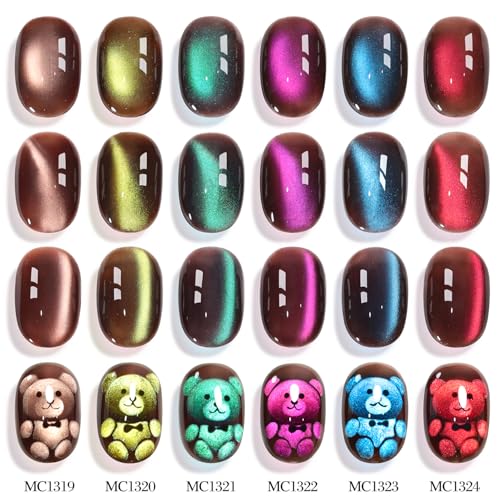 Double Rhythm Cat Eye Gel Nail Polish Set of 6 Same Color Same Bottle 0.5 Oz Shimmer Glitter with Magnet Holographic Magnetic UV Nail Polish Kit at Home (Brown Sage Green Red Purple Blue-T6-104) - color: Earthy Magic