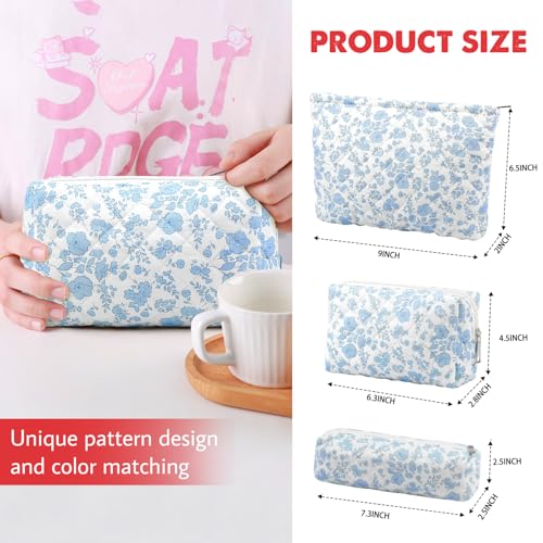 3 Pcs Makeup Bag Cosmetic Bag Set for Girls Women Checkered Travel Organizer Bathroom Toiletry Pouch Large Capacity Storage Bag(Blue Flower) - color: Blue Flower