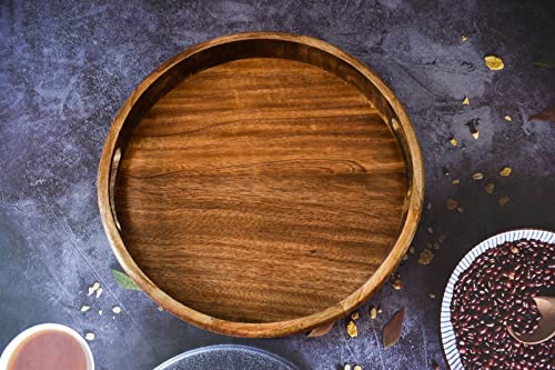 Round Acacia Wood Serving Tray with Handles for Serving Drinks, Tea Plate, Dessert Dinner Breakfast Plate (12 x 12 x 1.5 Inches) - color: Round Tray - 12 X 12 Inches