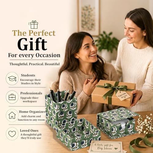 Ridhi Basil Green Block Print Office Desk Organizer Pen & Note Holder - color: Basil Green
