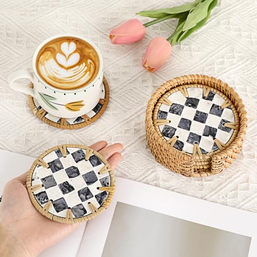 Boho Coastal Coasters Set of 6, Handwoven Rattan Coasters with Holder - style: Checkered Pattern