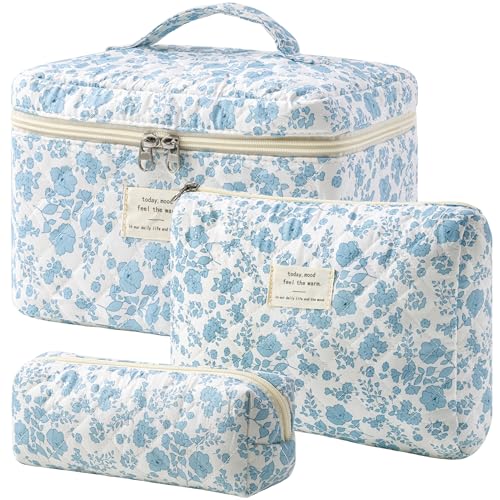 HBselect Quilted Makeup Bag, 3Pcs Cotton Large Travel Makeup Bags Organizer - color: A-3PCS-Floral 6
