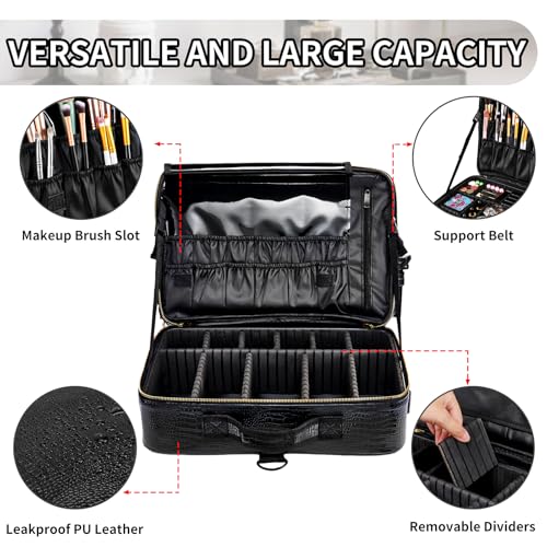gzcz Large Capacity Travel Makeup Case Organizer,Professional Cosmetic Bags for Women,Waterproof PU Leather Makeup Bag with Adjustable Dividers and Shoulder Strap for Brushes and Jewelry - color: Black Crocodile Pattern, size: Large