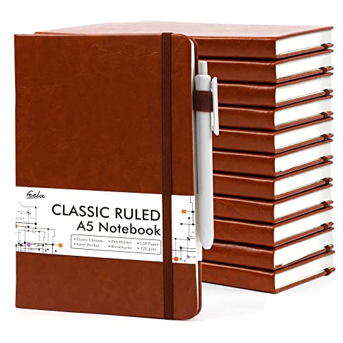 12 Pack Notebooks Journals Bulk with 12 Black Pens, Feela A5 Hardcover Notebook Classic Ruled Journal Set with Pen Holder for School Business Work Travel Writing, 120 GSM, 5.1”x8.3”, Brown - color: 12 Pack brown