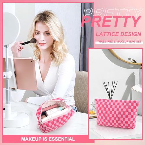 EIMMBD Makeup Bag 3 Pieces Large Capacity Checkered Cosmetic Bags Canvas Travel Toiletry Bag Organizer Cute Makeup Pouch Storage for Women(Rose) - color: Rose
