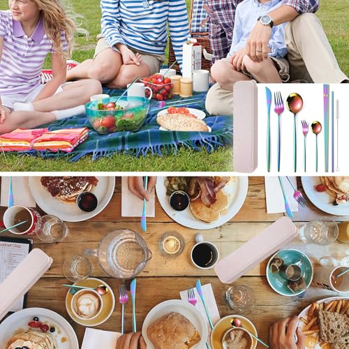 AARAINBOW 8 Pieces Stainless Steel Flatware Set Portable Reusable Cutlery Set Travel Utensils Set Including Chopsticks Knife Fork Spoon Straws Cleaning Brush Dishwasher Safe (Multicolored) - color: Multicolor