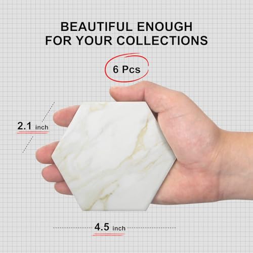 6 Pcs White Marble Coasters Set with Holder Hexagon Ceramic Drink Coaster - color: Beige