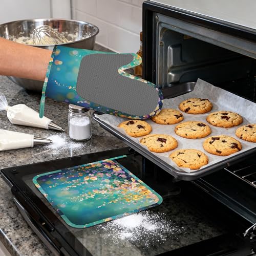 Watercolor Ivy Flower Spring Flower Oven Mitts and Pot Holders (4PCS),Heat Resistant Non-Slip Silicone Kitchen Gloves for Cooking, Baking, BBQ Waterproof Kitchen Accessories - color: Watercolor Ivy Flower Spring Flower