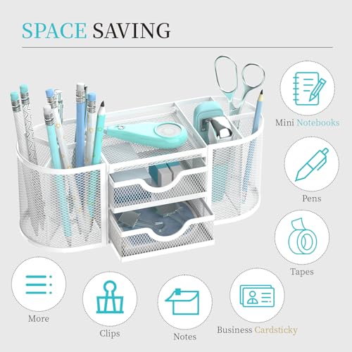 SUPEASY Mesh Desk Organizer, Pen Holder for Desk with 2 Drawers, White - color: Pearl White