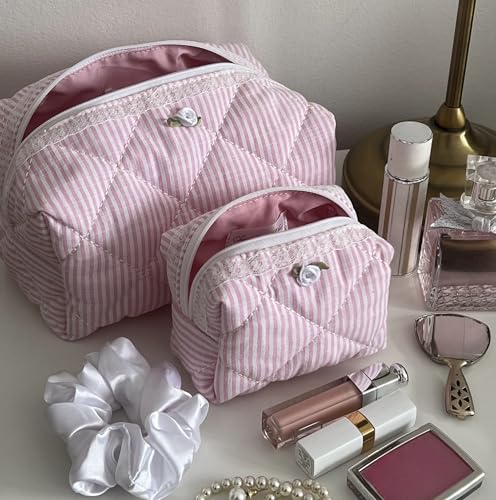 Pink Striped Quilted Makeup Bag Set of 2 with Lace & Rosette + Silk Scrunchie, Cute Soft Cotton Pouch Set, Coquette Pink Makeup Pouch for Purse, Travel Toiletry Bag, Aesthetic Gift Set Women Teen Girl