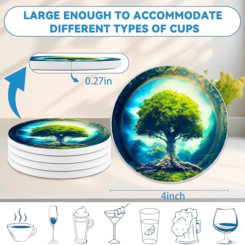 Coasters Set of 4, Magic Green Round 4" Ceramic & Cork Coasters, Absorbent, Ideal for Table Home Decor & Gifts - color: Tree