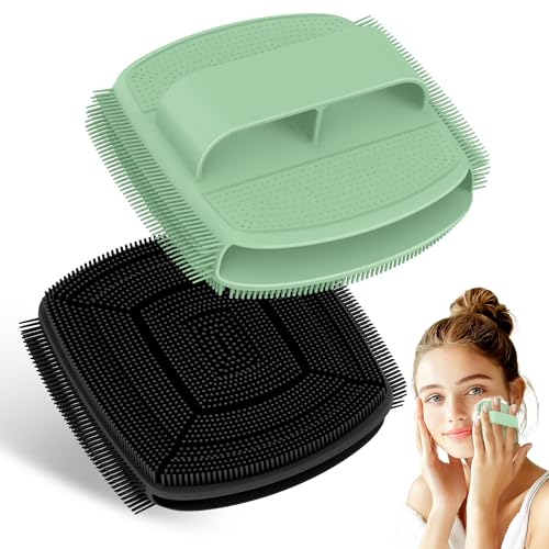 Upgrade Silicone Face Scrubber 2PCS, Soft Facial Cleansing Brush with Unique Side-Bristle Design, Manual Face Brush with Finger-Grip Handle for Gentle Exfoliating & Deep Cleansing(Black+Green) - color: Black+green