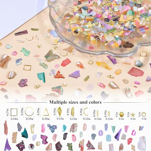 5 Boxes 3D Nail Art Crushed Sea Shell Irregular Iridescent Natural Abalone Seashell Slices Starfish Metal Sea Star Conch Moon Triangle Rivet Gems(sea Shell kit) - color: 2-sea shell kit