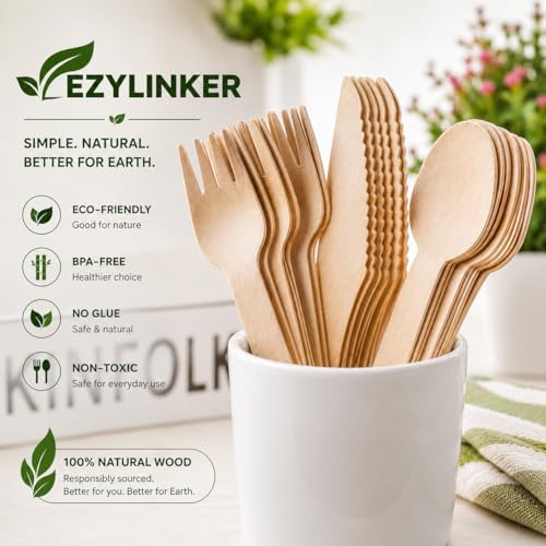 (150 Pcs) Special Edition Compostable Cutlery Set - Disposable Wooden Cutlery Set - Alternative to Plastic, Eco Friendly, Biodegradable, 50 Each Wooden Spoons, Knives, Forks Disposable Utensils Set - size: 150Pcs Cutlery