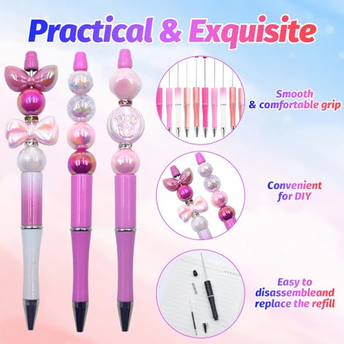 300 Pieces DIY Beadable Pen Kit – 100 Plastic Ballpoint Pens with Refills & Bags – School Supplies, Office Accessories & Decorative Items for Students & Teachers (Pink) - color: Pink color, size: 100