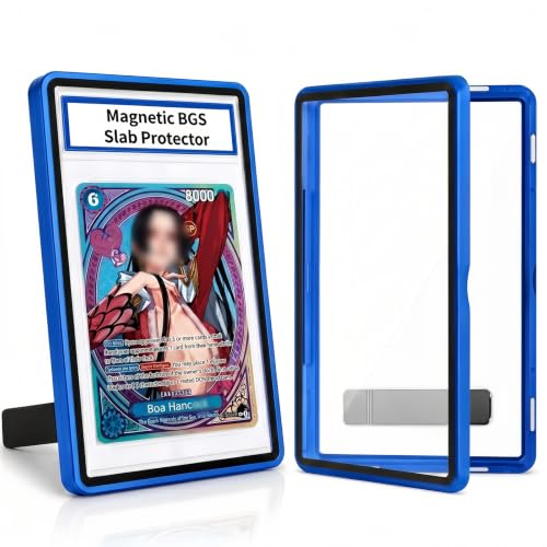 Magnetic BGS Slab Protector with Foldable Kickstand - UV Protection Tempered Glass & Aluminum Metal Bumper for 35PT Beckett Graded Cards, 9-Point Secure Lock Display Guard & Clear View (Dark Blue) - color: Dark Blue, size: BGS Card Case
