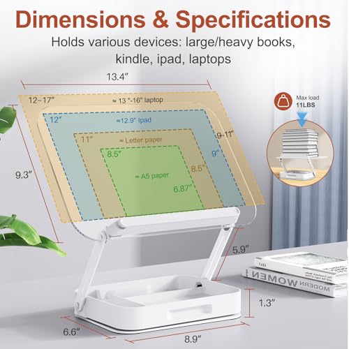 BYMECOST Acrylic Book Stand for Reading, Book Stand with Storage, White - color: White With Storage, size: 13.4"