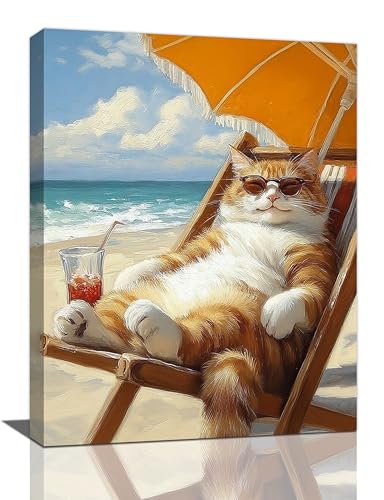 Funny Cat Beach Wall Art Cute Cat Ocean Canvas Wall Decor Coastal Kitten Pictures Paintings Prints Seaside Artwork Framed Seascape Decorations For Bathroom Bedroom Living Room Office Gifts 12" x 16" - color: Beach Cat, size: 16"L x 12"W