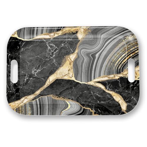 Serving Trays with Handles, 14.5 x 9.8 inch Rectangular Plastic Tray for Restaurant, Kitchen, Abstract Background Black Marble - color: Abstract Background Black Marble