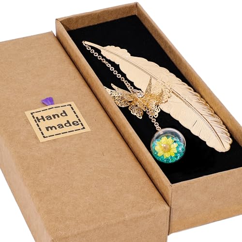 Toirxarn Metal Feather Bookmark, Back to School Teacher Gift for Women - color: Feather Gold - Green Crystal With Yellow Flowers