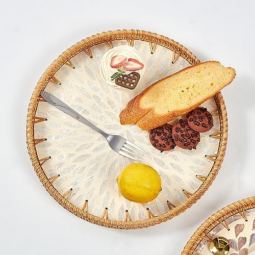 Kmelep Round Rattan Tray with Mother of Pearl Inlay, Rattan Serving Tray with Wooden Base, Decorative Wicker Basket for Table Decor, Storage and Display of Coffee Bread Food Fruit (Leaf 2) - color: Leaf 2, size: 11.8"