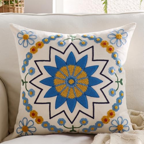 Embroidered Floral Throw Pillow Cover 22x22 Set of 1 Blue Orange - color: Blue Orange, size: 22" x 22" (Pack of 1)