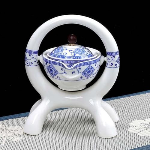 Ceramic Teapot with Infuser - Chinese Gongfu Tea Set, 6Cups, Semi Automatic Design for Loose Leaf Tea - color: White Circle