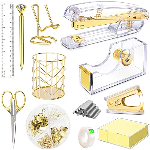 Gold Desk Accessories, Acrylic Stapler, Staple Remover, Tape Holder, Pen Holder, Ballpoint Pen, Scissor, Binder Clips, 1000pcs Staples, Phone Holder, Ruler, Transparent Glue and 300 Notes - color: Gold