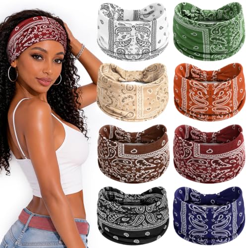 Awumbuk Wide Headbands for Women Knotted Non Slip, Soft Moisture Wicking Head Bands for Workout Sports Yoga 8 Pack - color: Paisley white