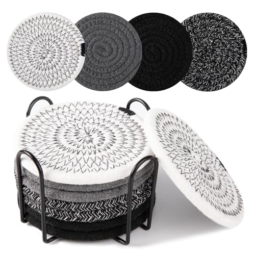 OIAHOMY 8 Pcs Coasters with Holder for Beer, Coffee, Woven Cotton Coaster Set for Table Decor for Kitchen, Bar, Dining Room, Living Room, Housewarming Gifts - Black - color: Black, size: 8Pcs