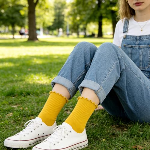 Women's Ruffle Socks Lace Cotton Casual Crew Ultra Thin Lettuce Frilly Ankle Socks Pack of 6 - color: Multicolor-003