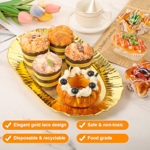 6 Pcs Gold Plastic Serving Trays Reusable Party Platters for Desserts, Snacks, Charcuterie, Cupcakes, Elegant Decorative Food Display, 14" x 8.5"