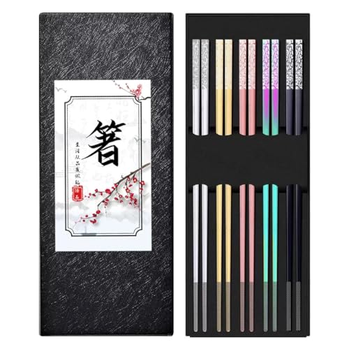 DIKOCO Premium Metal Chopsticks 5 Pairs Multicolor Chop Sticks Reusable Dishwasher Safe Square Korean Chopsticks Lightweight Non-Slip Reusable Stainless Steel ChopSticks Present Set