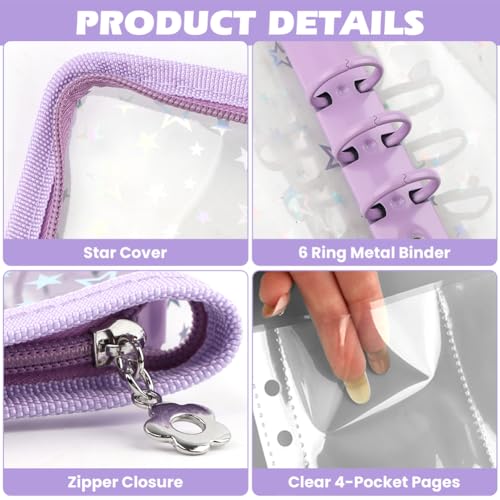 A5 Kpop Photocard Binder with 40 Sheet 4-Pocket Card Pages, Zip Closure Shinning Clear Cover 6 Ring Photocard Holder Binder Book 320 Pockets Mini Photo Organizing Storage Album (COLOR:Purple)