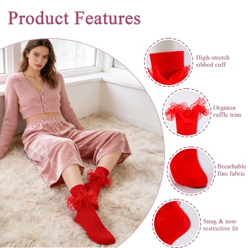 Big Ruffle Socks Women(Size 5-11) Turn Cuff Cotton Lace Frilly Socks - color: White,red,black - 3 Pairs, size: 9-11