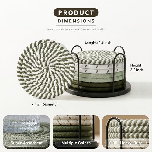 Lazebox Coasters Set of 8 for Drinks, 4 Inch Large Coasters for Coffee Table, Tabletop Protection for Hot & Cold Drinks, Versatile Coasters for Home Decor, Non-Slip & Easy to Clean, Olive Green - color: Olive Green