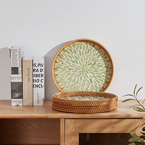 Round Rattan Tray with Mother of Pearl Inlay, Rattan Serving Tray with Wooden Base, Decorative Wicker Basket for Table Decor, Storage and Display of Coffee Bread Food Fruit (Leaf) - color: Leaf, size: 11.8"