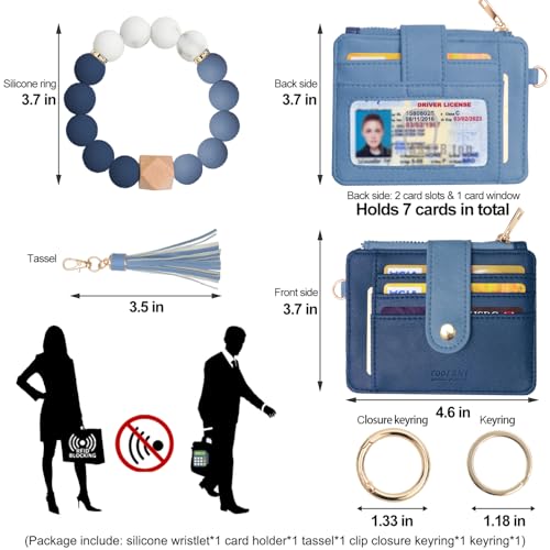COOLANS Silicone Bracelet Wristlet Wallet Credit Card Holder RFID ID Window Key Ring Tassel Slim Wallet Women Keychain Purse - color: Double Blue