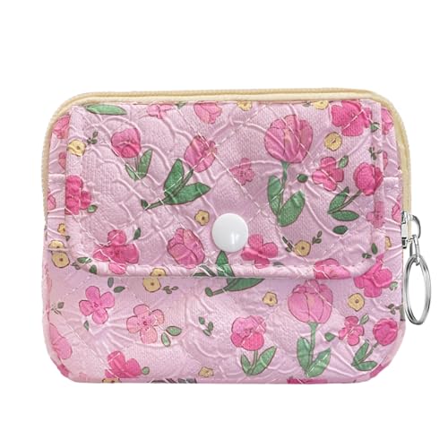 Cute Prints Cotton Quilted Coin Purse for Women Girls - color: PINK TULIP