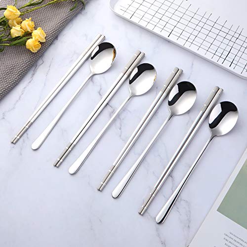 Buyer Star 4 Set Silver Square Chopsticks and Spoon Set Metal Stainless Steel Spoon Chopsticks Set - color: silver-square chopstick and spoon