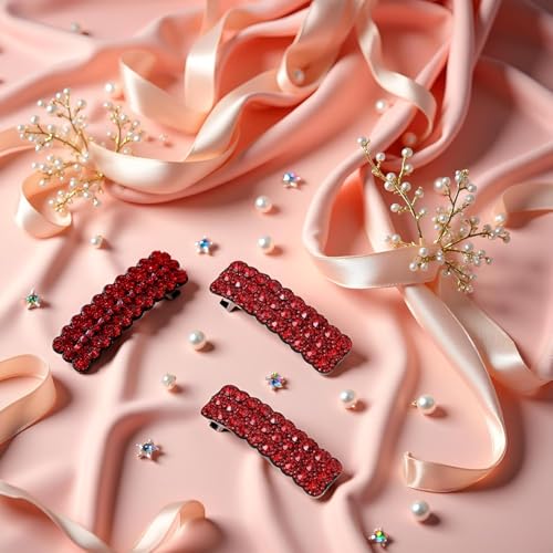 2Pcs Red Rhinestones Snap Hair Clips for Women Girls Rectangular Hairpins Korean Barrettes Hair Accessories，Clips and Barrettes