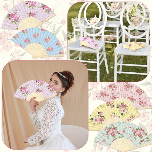 Aodaer 50 Pack Tea Party Favor Floral Printed Hand Fans with Organza Bags Bulk Wooden Storage Box Retro Pattern Paper Handheld Folding Fans for Spring Picnic Bridal Shower Wedding Bridesmaid Gifts - style: Tea Party