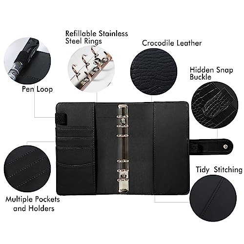 A6 Crocodile Budget Binder Cover - PU Leather Notebook Binder with Hidden Snap Buckle, Small 6 Ring Refillable Journal Binder, Black - color: Black, size: A6