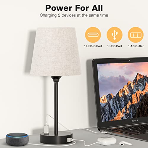 Bedside Table Lamps Set 2 for Bedroom - Dimmable Touch, USB C+A, AC Outlet - color: Beige