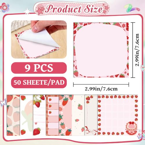 Strawberry Gift Sticky Notes - 9 Pcs Strawberry Desk Accessories Cute Self Adhesive Notepads Birthday Gifts for Students Teacher Back to School Stationary Office Supplies 3x3 Inch - style: Strawberry