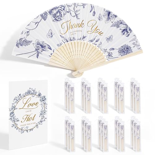Aneco 30 Sets Blue Flower Wedding Folding Fans, Blue Floral Bamboo Handheld Folding Fans with Organza Bags Table Sign, Thank You Vintage Silk Handheld Fan for Bridal Shower Wedding Party Decorations - color: Blue Flowers