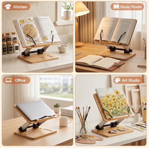 Bamboo Adjustable Book Stand, Foldable Cookbook Holder (Natural Bamboo)