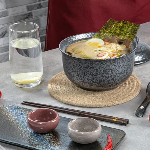 Ceramic Ramen Bowl Set of 2, Ramen Noodle Bowl with Lid 27oz Japanese Retro Style Soup, Pho, Udon Bowls, Matching Spoons and Chopsticks for Microwave & Dishwasher Safe, Black - color: Black, size: 2 Pcs