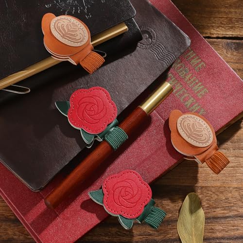 2PCS Magnetic Bookmarks with Pen Clip, Leather Bookmarks for Women, Magnetic Pen Holder Book Accessories - style: Rose & Coffee