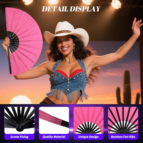 13 Inch Large Rave Fan & Clack Fan for Line Dancing - Folding Hand Fan with UV Glow for Boots on The Ground, Performance, Wedding, Party - Portable Handheld Fan for Women & Men - color: Pink*1